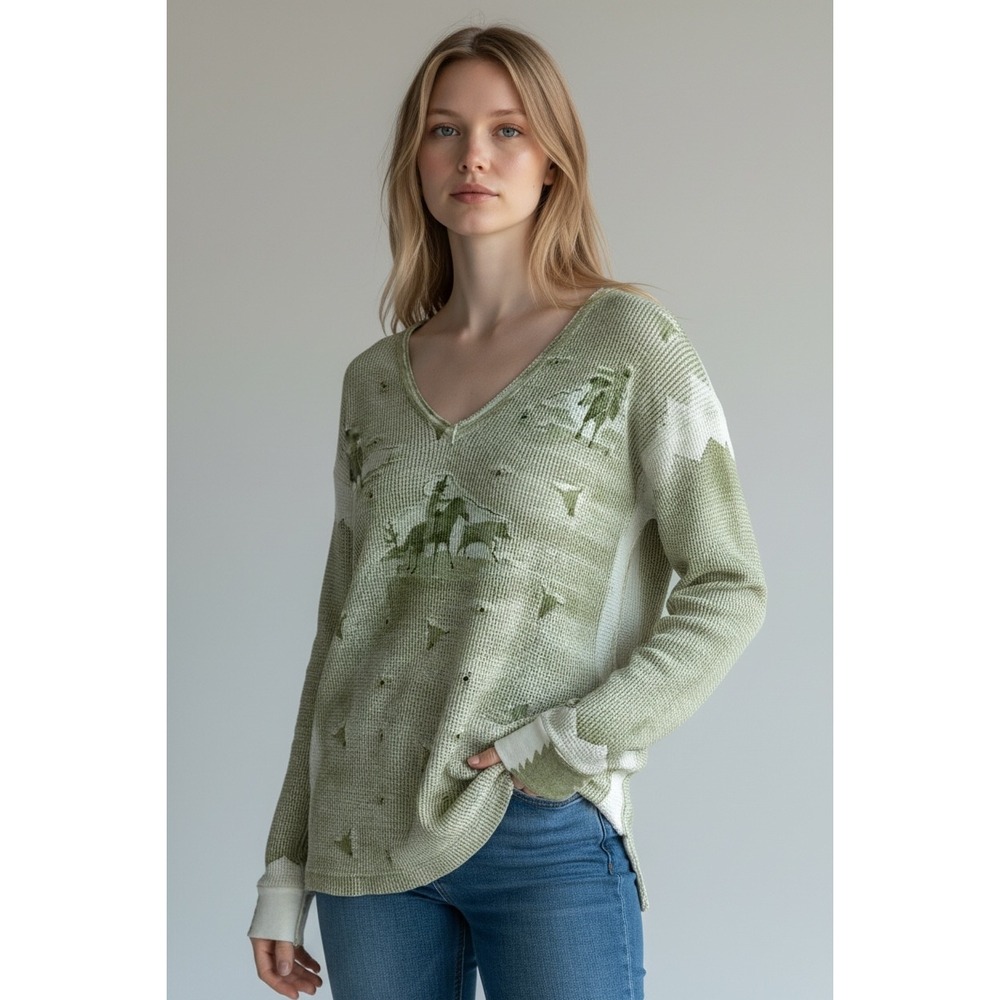 Western Cowboy Waffle Knit Thermal V-Neck Top Sage Green Cream Southwest